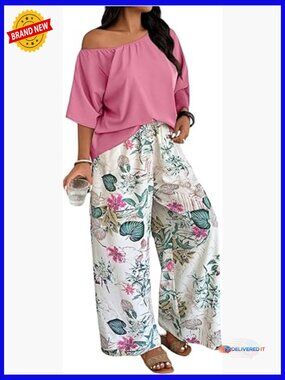 Plus Size 2 Piece Vacation Outfits Off Shoulder Top and Boho Print Pants Set